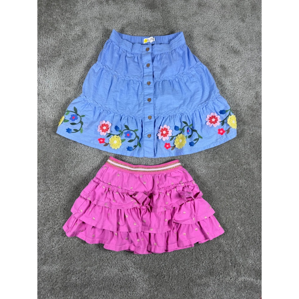 Mini Boden Girl Skirt Lot Blue Floral Embroidered Pink Ruffle Polka Dot Size 6-7